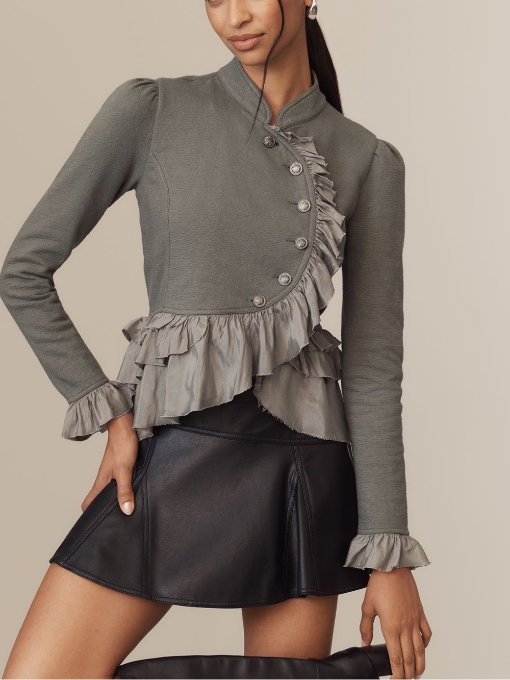 Anthropologie Ruffle Military Top Curved Cardigan Buttons New Large Gray Green